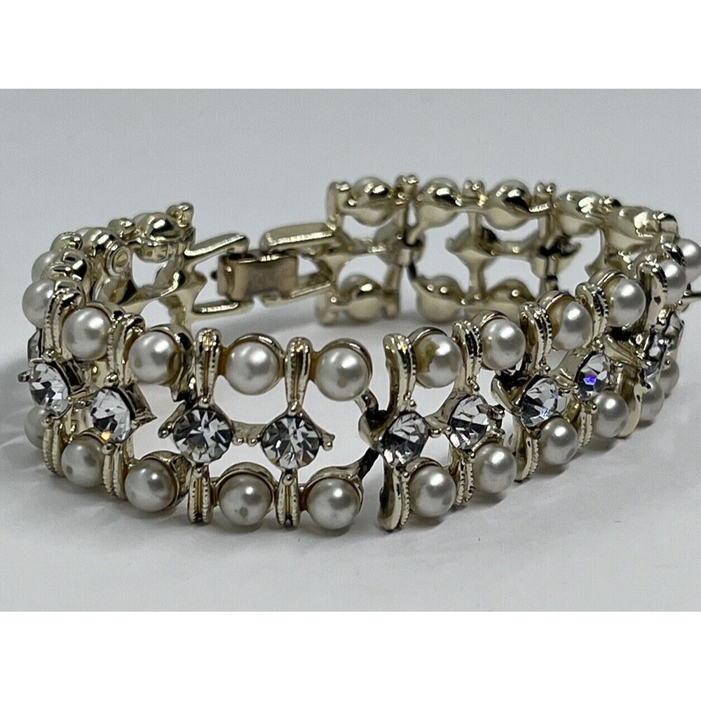 Vintage Kramer Bracelet Rhinestones and Faux Pearls Gold-tone Links Fold Clasp